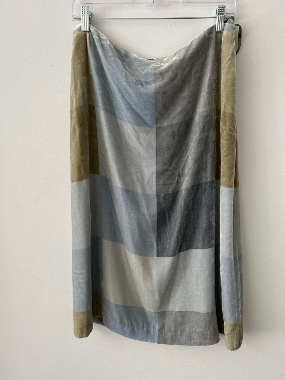 True Vintage with original tag Muted Blue and Olive Block-Print Velvet Skirt